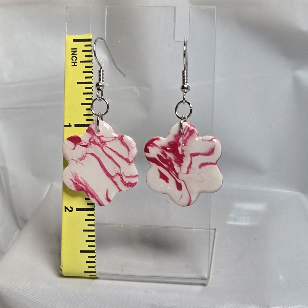 #172- Marbled Pink and White Flower Earrings